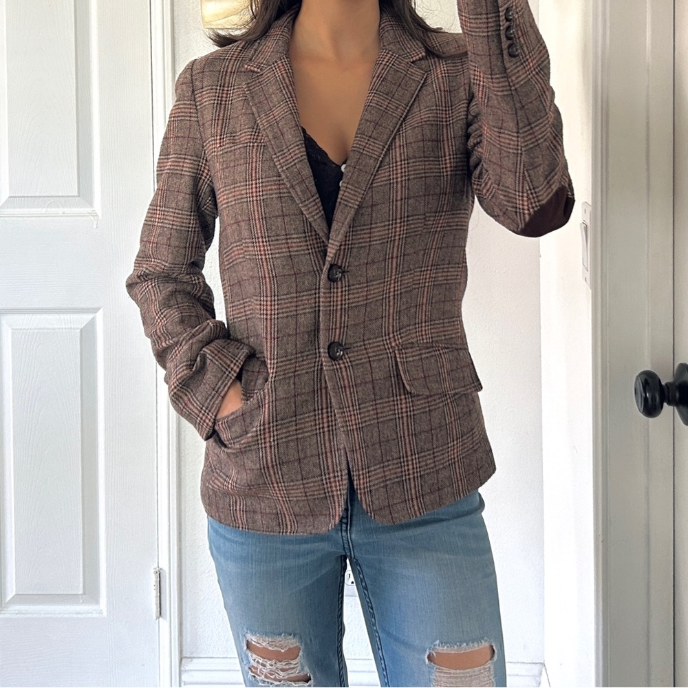 H&M Plaid Retro Blazer Jacket Brown Button Patch Elbow